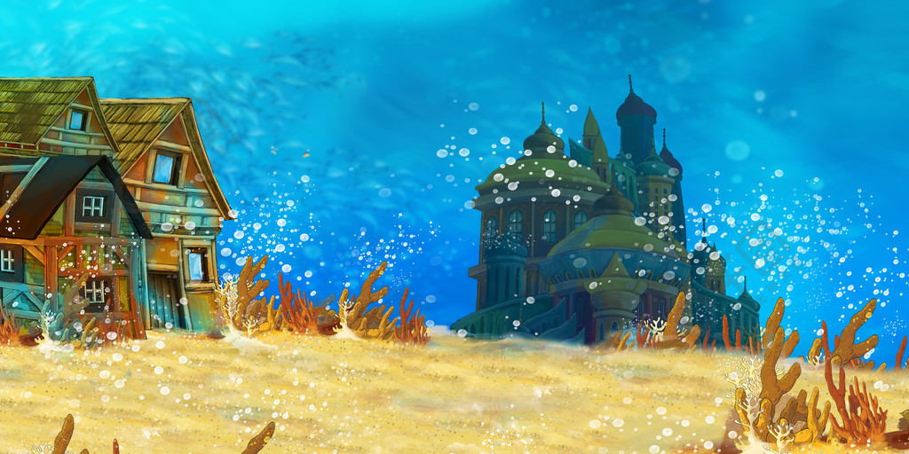 卡通水下海洋或海洋场景与城堡 