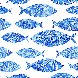 无缝模式与鱼类，水彩<i>手</i>绘的背景、 水彩鱼、 无缝背景与风格化蓝色 fish.wallpaper、 水彩面料、 蓝色包装饰品