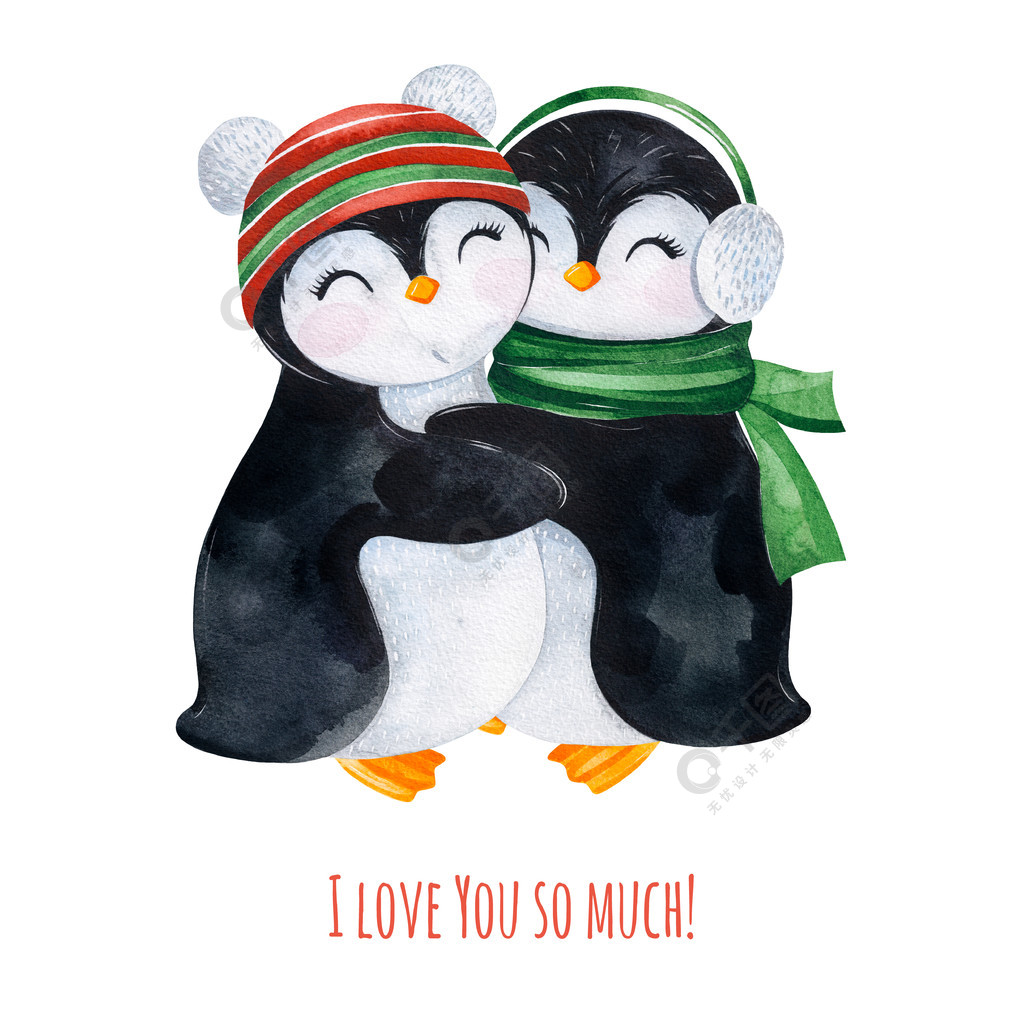可爱的水彩画拥抱企鹅在冬天针织衣服手绘假日例证完美的圣诞节和新年