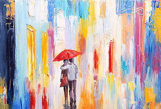 对夫妇走在雨中撑一把<i>伞</i>，抽象多彩油画