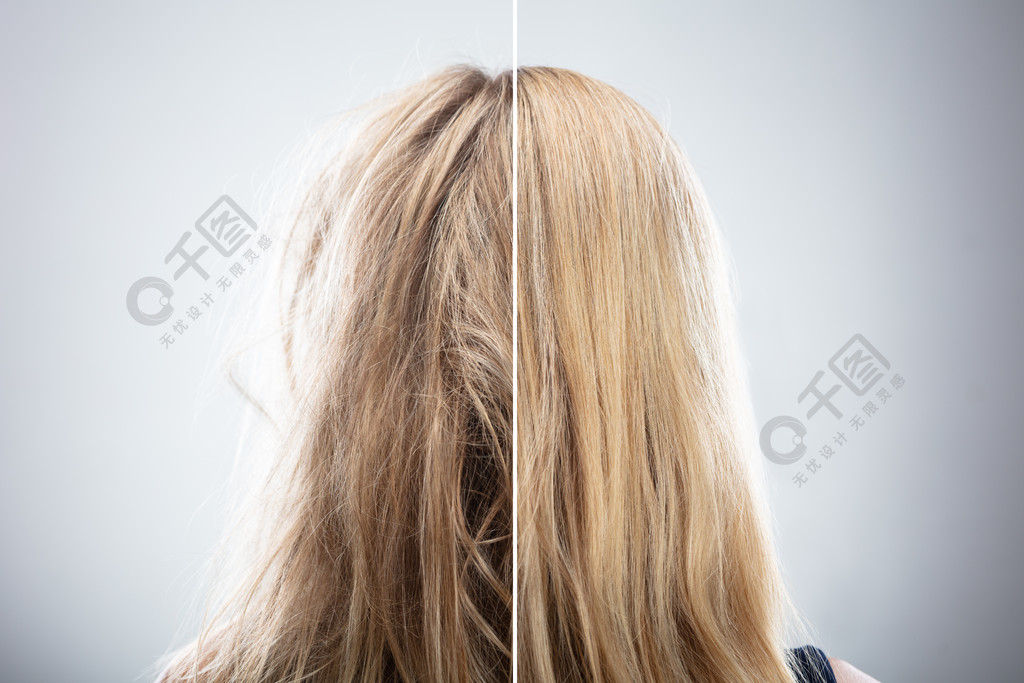妇女的头发之前和之后头发矫直在灰色背景
