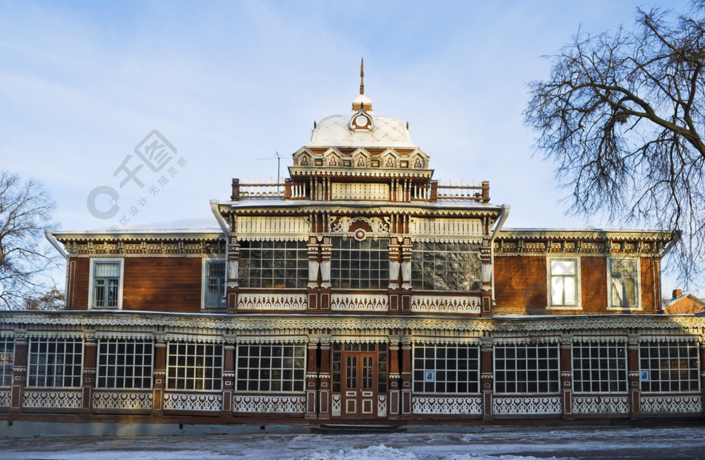 Vintage wooden carved building in the city of Ryazan, Russia.