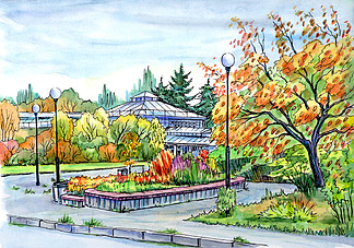 公园与温室, 素描, 水彩绘画。莫斯科秋季植物园景观.