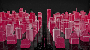 粉色等距城市景观的黑色宇宙背景与飞行的白色颗粒.动画。五彩缤纷的对比城市项目.
