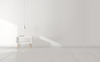 客厅空间，小白桌，木墙和层<i>压</i>地板上的挂灯。最小室内设计视角。3d 渲染.