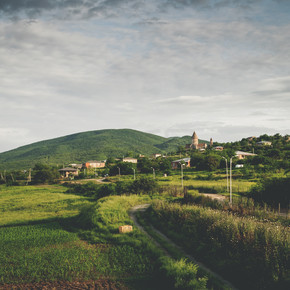 格鲁吉亚村庄附近的美丽的绿色田野和丘陵