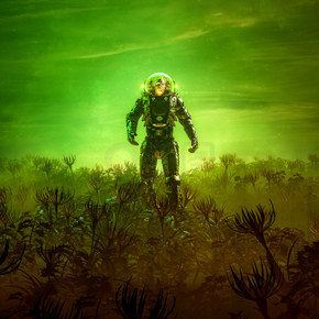 金星花园/三维超现实科幻场景图解- -孤独的宇航员在外星植物的田野中漫步