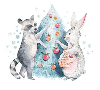 一套圣诞林地森林卡通可爱的兔子和熊动物字符。冬季兔圣诞树<i>花</i>卉元素，<i>花</i>束，浆果，浮华，<i>雪</i>和<i>雪</i><i>花</i>