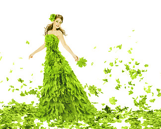 幻想美季节春季时尚女人留下衣服。创意美丽的女孩，在白色背景上的绿色夏衣