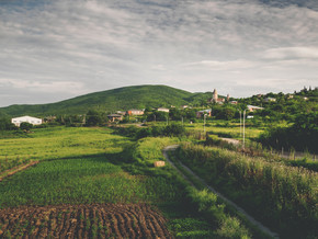 格鲁吉亚村庄附近的美丽的绿色田野, 公路和丘陵