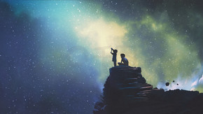 夜景两兄弟在户外, llittle 男孩透过望远镜看星空, 数码艺术风格, 插画画