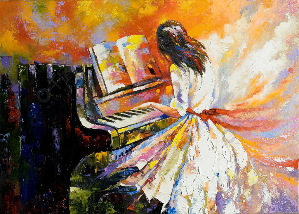 弹钢琴的女人背影油画图片