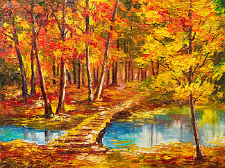 油画风景-秋天的树林，河边，橙叶