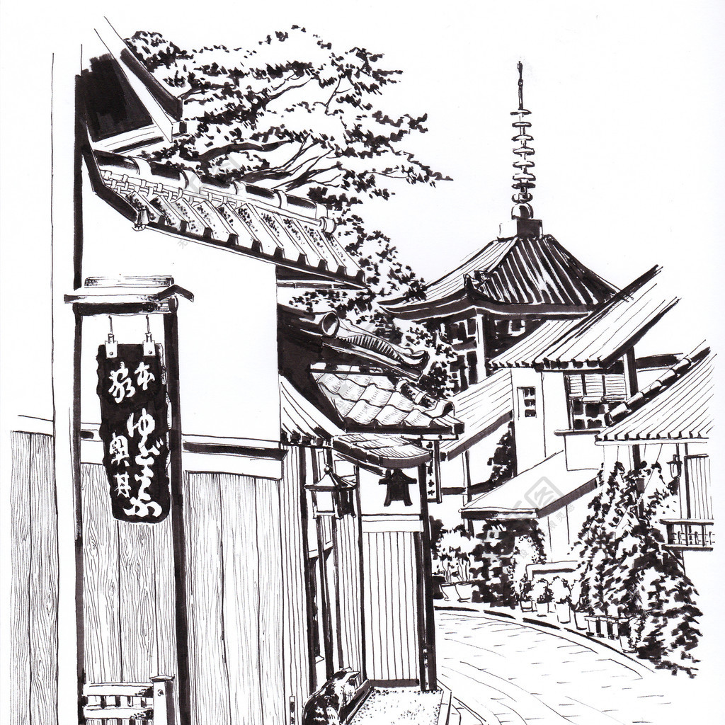 日本小镇的街道旧的日本房子的道路房子附近有两只猫在远处寺庙是可以