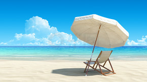 沙滩椅和田园热带沙滩上的伞。无噪音、 清洁，非常详细的 3d 呈现。休息、 休闲、 假日、 水疗中心、 度假村设计的概念.