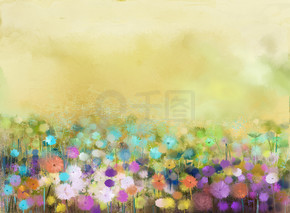 抽象油画花厂。紫色宇宙，白色雏菊，玉米花，野花，蒲公英花在田野