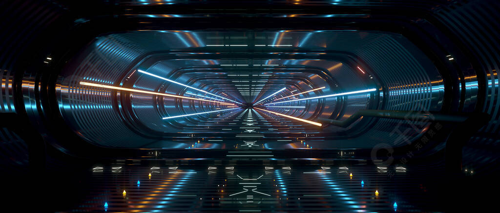 带有鲜明过渡闪电的宇宙飞船内桥走廊，3D渲染