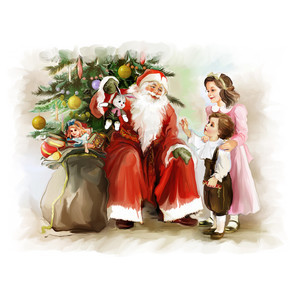 儿童和圣诞老人在新的一年树附近