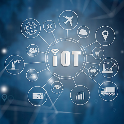 物联网 (iot) word 和对象图标连接在一起的抽象技术背景, 互联网网络