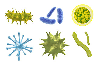 一组病毒、<i>细</i>菌和<i>细</i>菌。收集不同的<i>细</i>胞疾病和微生物。隔离在白色背景上。3d 渲染