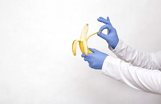 Dotkor手里拿着香蕉和<i>剥</i><i>皮</i> 外科手术的概念，用来解剖男性包<i>皮</i>的狂暴、包<i>皮</i>的割除、阴道炎、复制空间