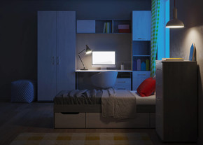 舒适时髦的卧室，专为青少年设计。-晚安夜光。3d渲染.