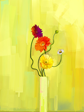 抽<i>象</i>油画的春天的<i>花</i>朵。静物画的黄色、 粉红色和红色的非洲菊。鲜<i>花</i>插在<i>花</i>瓶里用黄色绿色浅色背景.