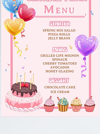 粉色底卡通蛋糕甜点爱心气球儿童生日菜<i>单</i>